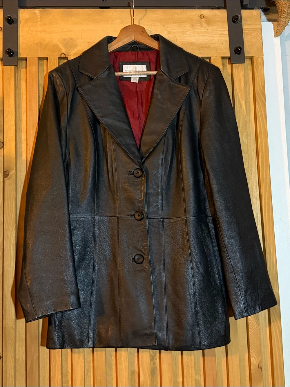 Vintage Worthington Black Leather Button-Front Jacket with Red Lining